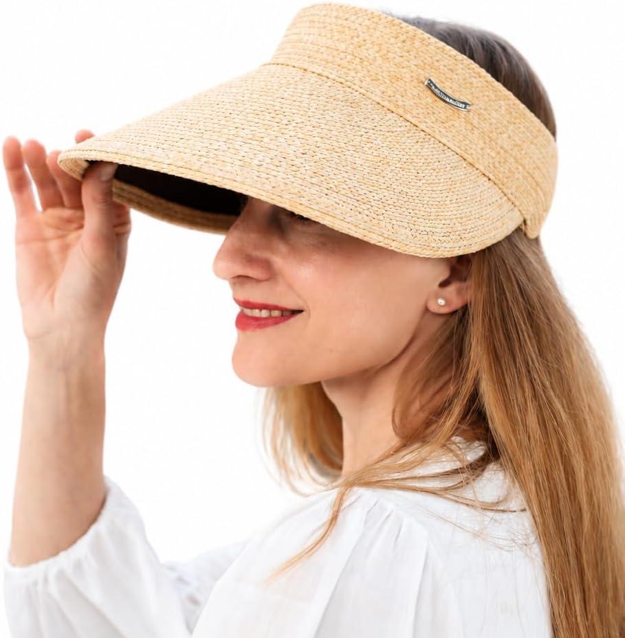 Women's Wide Brim Sun Hat Straw Sun Visor Hat, Natural Straw, Visor Cap UPF 50 Protection, Foldable Beach Hat with Ponytail