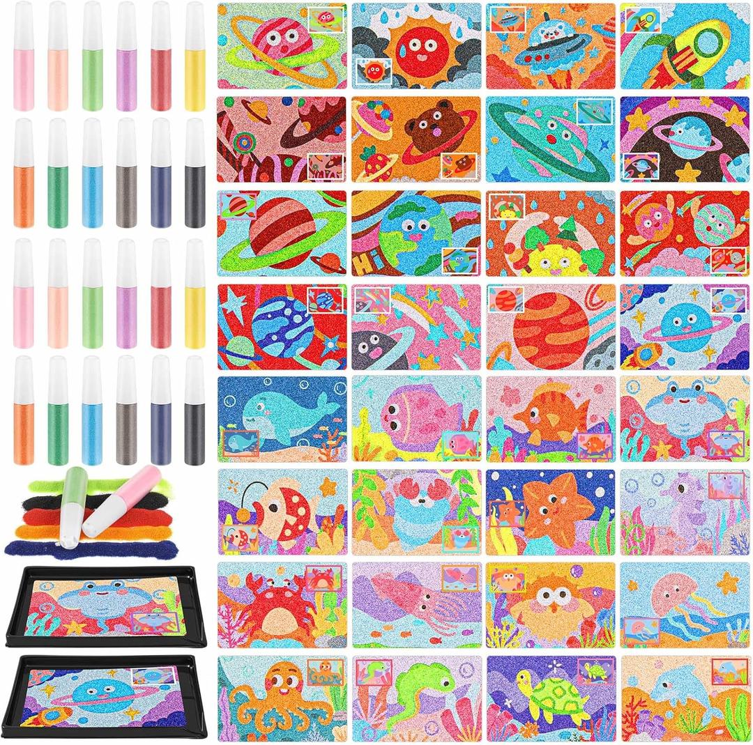 Tenceur 58 Pcs Kids' Sand Art Kits Color Sand Art Pictures Peel and Stick 12 Color Kit Painting Board Painting Tray Brush Bottles (Universe Starry Sky and Underwater World)