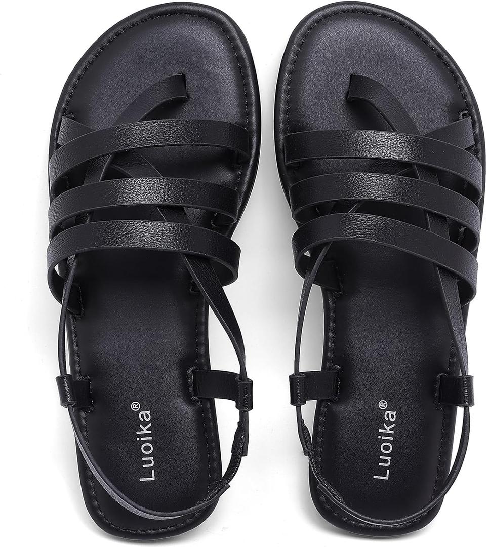 Luoika Women's Wide Width Flat Sandals, Flip Flop Casual Strapy Sandals Slip on Summer Beach Shoes for Women. (11 X-Wide, Black 769)