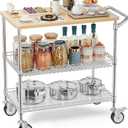 Leteuke Rolling Kitchen Carts with Wheels, 34" L x 17.5" W, 3-Tier Heavy Duty Utility Cart with Wood Tabletop, NSF Commercial Metal Serving Cart with Handle and Shelf Liner for Kitchen, Chrome