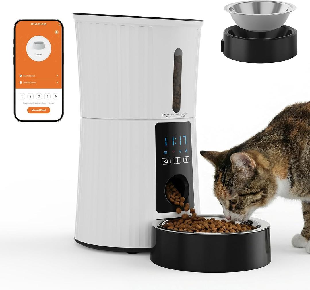 DUMOS 2.4G WiFi Automatic Cat Feeder, 4L Timed Cat Food Dispenser with APP Control, 10s Voice Recorder, Dual Power Supply, Indoor Programmable Pet Feeder with Desiccant for Small Cats and Dogs, White