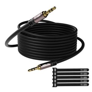 Kxable 3.5mm Auxiliary Audio Stereo Cable 25 Feet, Long Male to Male Aux Cord, Gold Plated Connectors, OFC Core, Black Cable (with 5 pcs Cable Ties) - 25ft