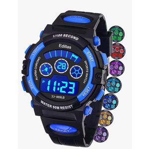 Edillas Kids Watches Boys Digital, 7 Colors LED Lights 50M Waterproof Wristwatches for Children Students Teenagers Sport Outdoor Multifunctional with Stopwatch/Alarm Ages 7-15.