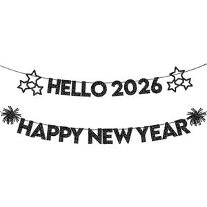 KatchOn, Glitter Black Happy New Year Banner 2026-10 Feet, No DIY | Hello 2026 Banners for Happy New Year Decorations 2026 | New Years Banner, New Years Eve Party Supplies 2026 | NYE Decorations 2026