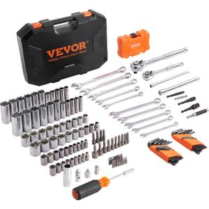 VEVOR Mechanics Tool Set, 145-Piece, Chrome Vanadium Steel, Polyethylene, SAE/Metric Sockets, Combination Wrench, Hex Wrenches, Accessories, Storage Case
