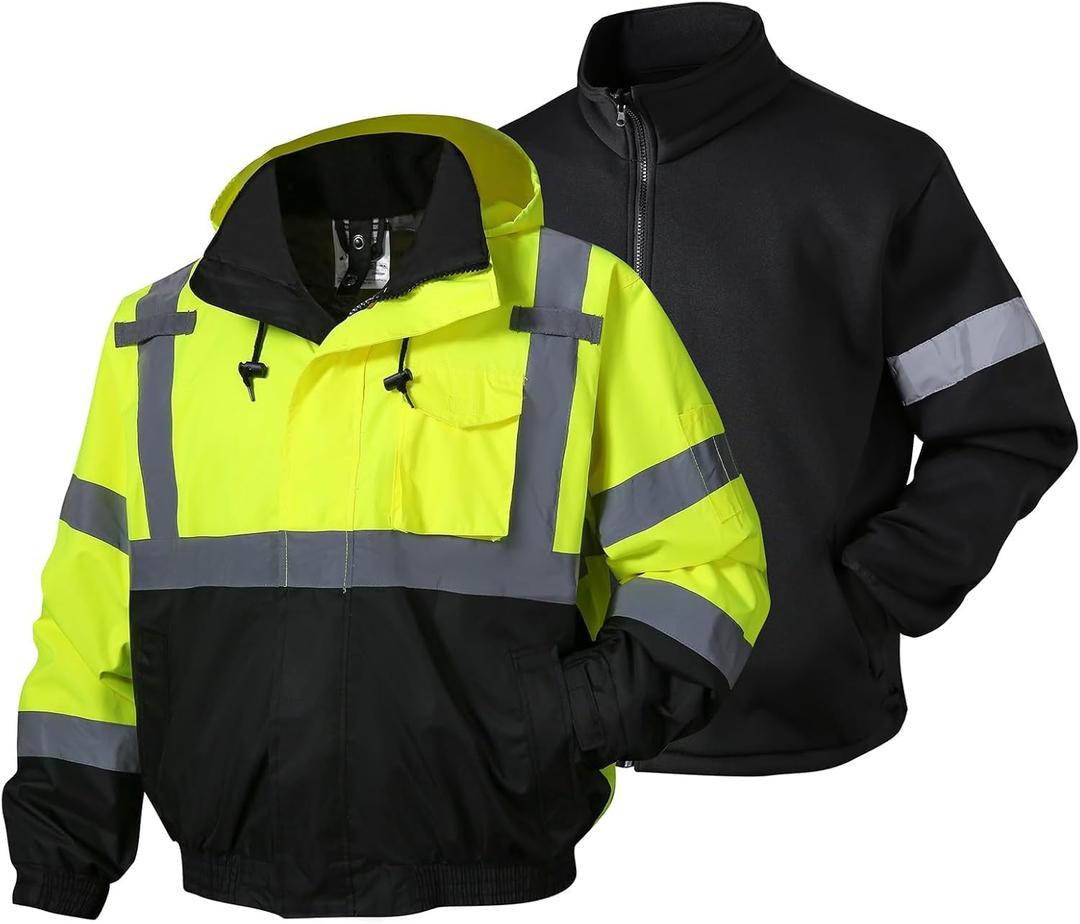 SKSAFETY 3-in-1 High Visibility Winter Bomber Jackets Zip Out Fleece Liner Reflective Safety Coats for men Waterproof ANSI/ISEA Class 3(Lime, Large)