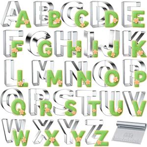 xifys 26 Pcs Alphabet Letter Cookie Cutters Shape, 3 Inch Assorted Sizes Cookie Cutter Set, Stainless Steel Fondant Molds Fruit Tools for Birthday Christmas Party Decorations, Includes Steel Scraper