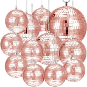 WILLBOND 12 Pack Disco Ball Mirror Ball with Hanging Ring for Fun Retro Disco Party Decorations Party Dj Lighting Effect Stage Props Game Accessories, 5.91", 3.94", 3.15", 2.36"(Rose Gold)