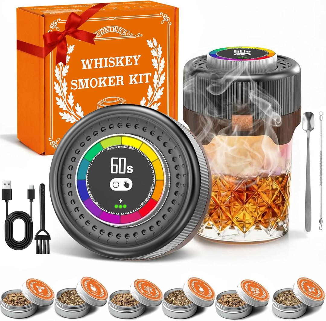 Electric Whiskey Smoker Kit with Adjustable Smoke Control (060s), Cocktail Smoker Kit with 6 Wood Chips, No Butane Needed, Old Fashioned Smoker Kit, Bourbon Gifts for Men, Wood Grain