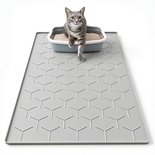 Garoopion Cat Mat for Litter Box, Large 34" X 22" Cat Litter Mat, Waterproof Silicone Pad for Floor, Gray