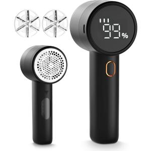 Fabric Shaver, Lint Remover Rechargeable, Electric Portable Sweater Defuzzer with 3 Speeds, 6 Leaf Blades, Digital LED Display to Remove Pilling for Clothes, Furniture, Sweater, Couch, Blanket (Black)