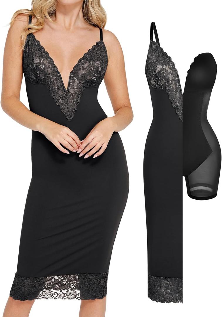 Popilush Women Lace Shapewear Midi Dress 2025 V neck Bodycon Corset Cocktail Party Date Night Dresses (Medium, Black)