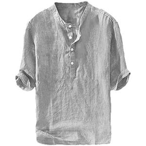Ryannology Mens Linen Shirts Casual Cotton 3/4 Sleeve Regular-Fit Henley T-Shirt Summer Lightweight Beach Yoga Tops Size M