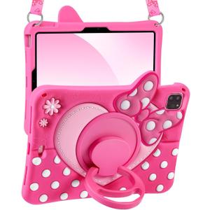 Boaretiu Kids Case for iPad Air 11 inch (M2 M3) 6th/5th/4th Generation/Pro 11" 4th/3rd/2nd/1st - Cute Girly Cartoon Soft 3D Bow Heart Silicone Tablet Case with Strap & Rotating Stand for Girls Teens