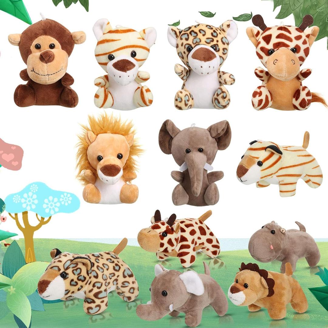 Sumind 12 Pieces Small Stuffed Animals Bulk Gifts Mini Stuffed Forest Jungle Animal Plush Toys 4.8 Inch Cute Elephant Lion Giraffe Tiger for Claw Machine Baby Shower Decorations(Sitting, Lying)