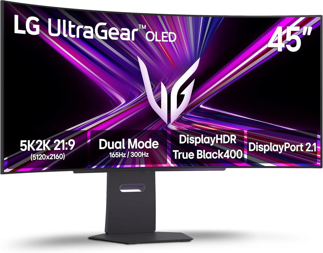 LG 45GX950A-B 45-inch Ultragear 5K2K WUHD (5120 x 2160) OLED Curved Gaming Monitor, Dual-Mode, 165Hz, 0.03ms, NVIDIA G-Sync, AMD FreeSync Premium Pro, HDR True Black 400, USB Type-C 90W, DP2.1, Black