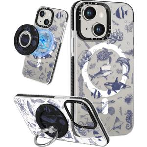 for iPhone 15 Case for Women - Girls Kawaii Design Compatible with Magsafe Magnetic Ring Holder Stand Sea Fish Phone Covers Aesthetic Girly TPU Funda for 15