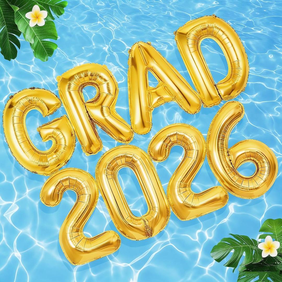 8 Pcs Grad Balloons Graduation Party Decorations - 32 Inch Large Grad 2026 Inflatable Pool Float Letters Balloons, Gold Aluminum Foil Congrats Grad Balloon for Graduation Celebration Beach Party Decor