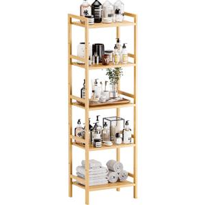 HITNET Tall Narrow Bookshelf, 5 Tier Bathroom Shelf Bamboo, Floor Standing Display Storage Organizer for Small Space, Adjustable Shelves, Natural Wood Bookcase