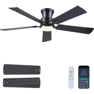 JSAITEE Ceiling Fans with Lights - Flush Mount Low Profile Flush Mount Ceiling Fans,DC Reversible Motor, 3CCT Dimmable, Noiseless, 6 Speeds Black Modern Ceiling Fan for Indoor/Outdoor