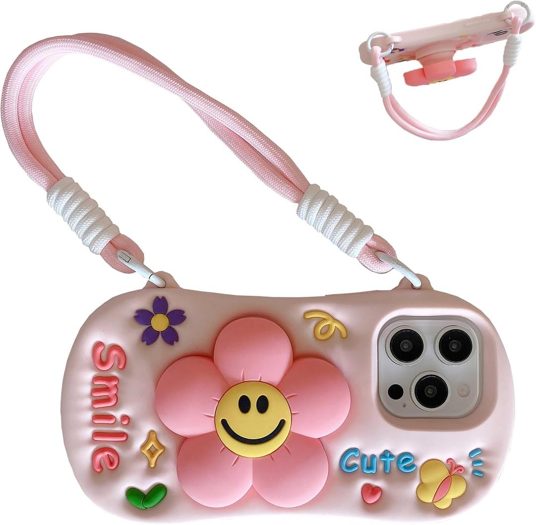 Bracket Phone Case Compatible with iPhone 17 Pro MaxCute 3D Cartoon Flower Holder with Wrist Strap Funny Soft Silicone Shockproof Protective Cover for Women Girls