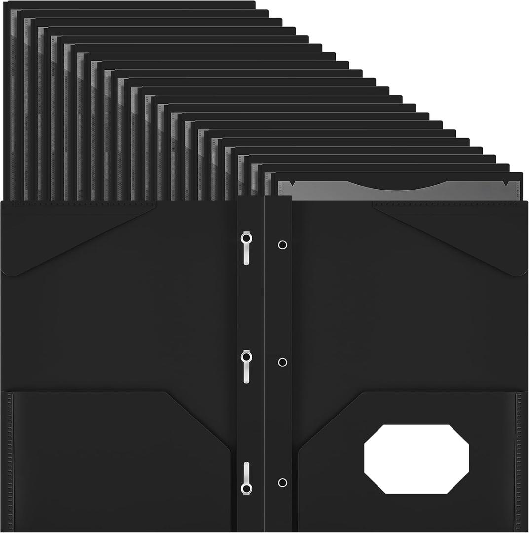 Henoyso 72 Pcs Plastic Folder with Clear Front Pocket and 3 Prong Plastic Folders with Card Slot Pocket Folders with Prongs for School Office (Black)