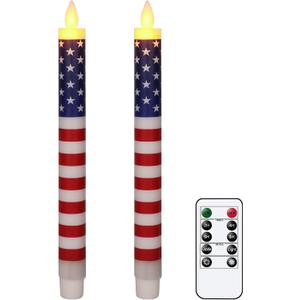 Wondise Patriotic Flameless Taper Candles With Remote & Timer - Red White and Blue Battery Operated Real Wax LED Flag Candles for Independence Day Decoration