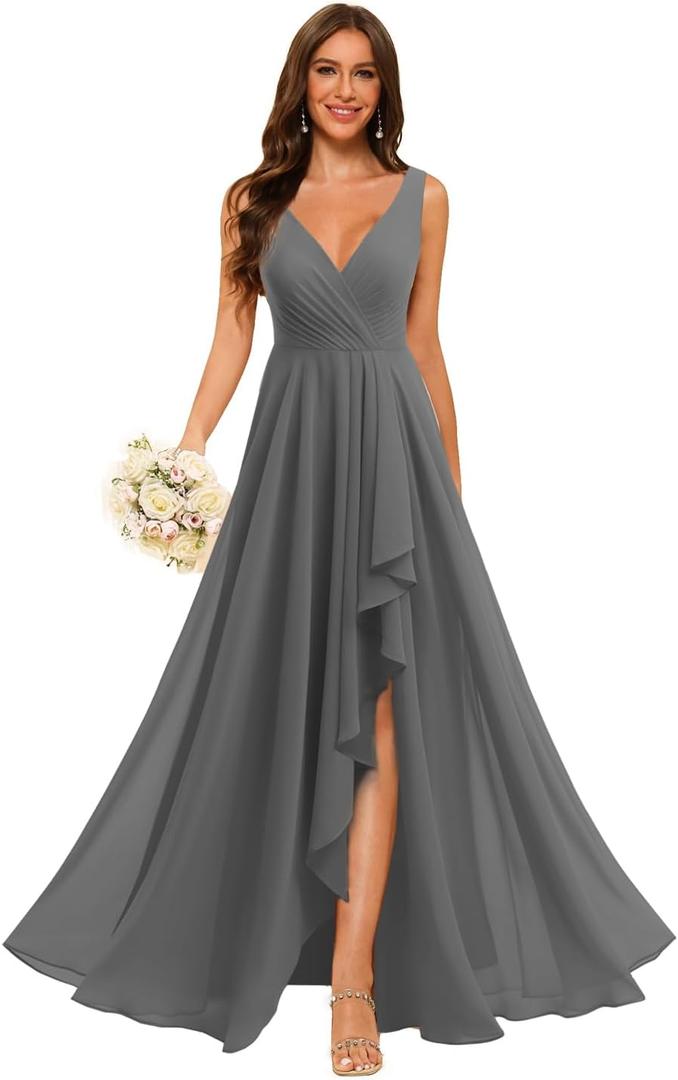 Loyeloy Gray Double V Neck Bridesmaid Dresses with Slit Long Ruffles Chiffon Bridesmaid Dresses with Pocket for Women Evening Party 16, Size:L