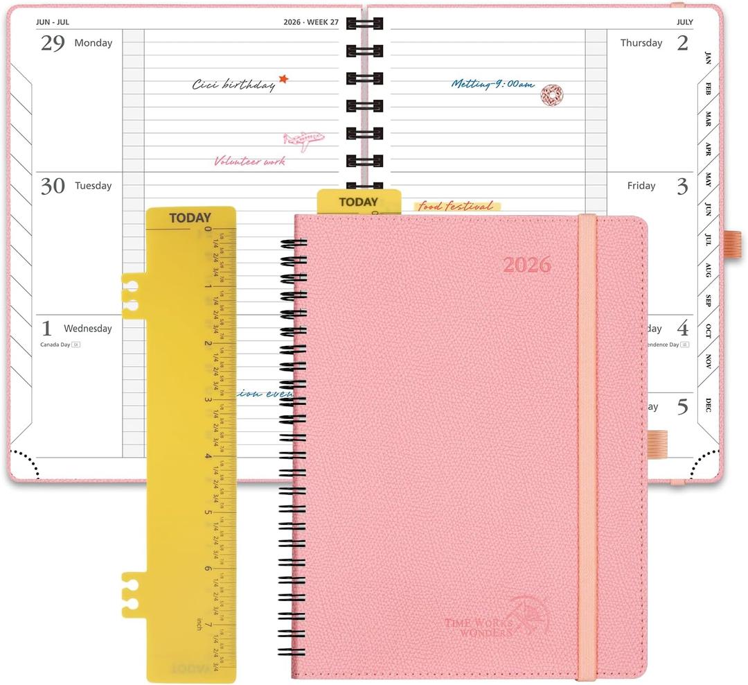 POPRUN 2026 Planner (Jan.-Dec.), Medium-6.75" x 8.75", Horizontal Weekly Notebook, 12-Month Calendar Book with Monthly Tabs, Spiral Soft Cover, Inner Pocket, 100 GSM - Soft Pink