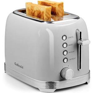 Culinaid Toaster 2 Slice Retro Stainless Steel with 1.5” Extra Wide Slots Bagel, Defrost, Reheat, Cancel Functions, 6 Bread Shade Settings, Removable Crumb Tray, Gray