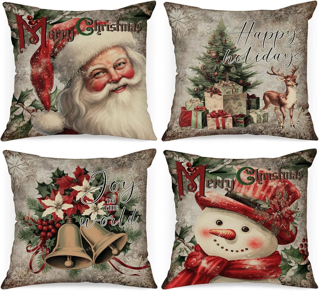 Lanpn Vintage 16x16 Christmas Throw Pillow Covers Set of 4, Xmas Decoration Cushion, Winter Holiday Decorative Pillow Case, Santa Claus Snowman Pillowcase, Indoor Home Bedroom Sofa Couch Decor (Green)
