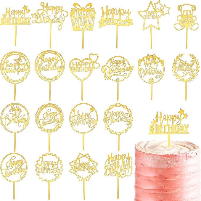 Macarrie 40 Pcs Happy Birthday Cake Topper Gold Acrylic Glittering Cupcake Topper Decorations for Birthday Event Party Supplies, 20 Different Shapes