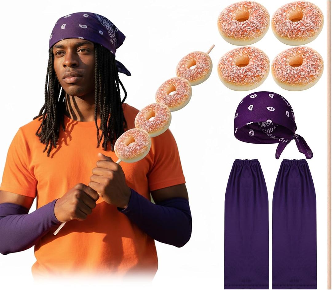 Aliceset 4 Pcs Halloween Costume Set Include Bandanas Sleeves Donut Props Wooden Stick for Adult Halloween Cosplay Party Dark Purple