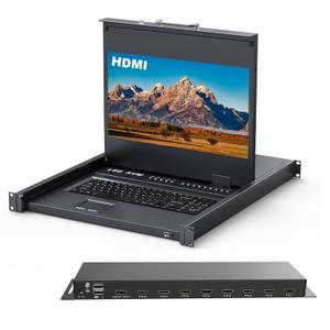 Rack Mount KVM w/17.3" LCD Monitor, MT-VIKI 8 Port HDMI KVM Switch 1920x108060Hz for 1U 19" Rack Support OSD Menu/Hotkey+ 8 KVM Cables + Keyboard + Touchpad+ Drawer
