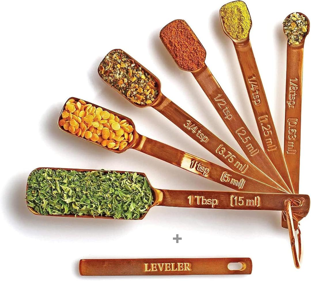 2lbDepot Copper Measuring Spoons for Baking/Cooking, Set of 7 Includes Bonus Leveler, Premium Kitchen use Stainless Steel, Metal, Rust Proof, Narrow Design fits into Spice Jars