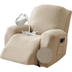 Gennia Waterproof Recliner Chair Cover,Stretch Reclining Sofa Covers with Pockets,Washable Lazy Boy Recliner Slipcovers,Leakproof Couch Protector for Kids, Pets, Dog and Cat (1 Seat, Khaki)