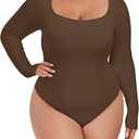 FOREYOND Plus Size Bodysuits for Women Long Sleeve Scoop Neck Bodysuit Sexy One Piece Body Suit Tops (XX-Large, Coffee)