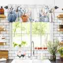 Fall Blue and White Pumpkins Flower Valance Curtains for Kitchen Window 54x18 Inch,Thanksgiving Orange Pumpkin Rod Pocket Small Curtain for Living Room Watercolor Floral Valances for Bathroom/Bedroom