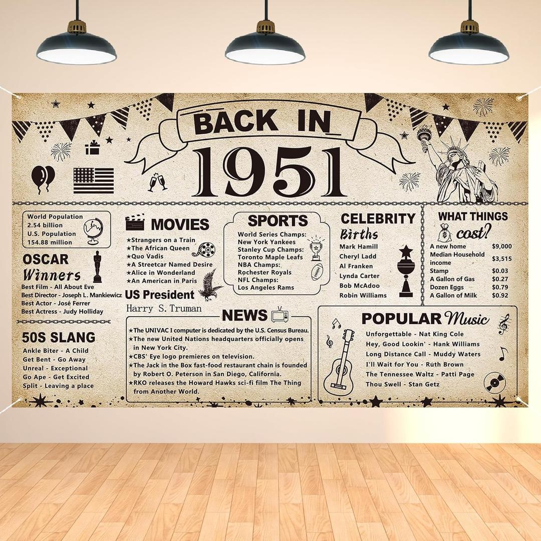 DARUNAXY 75th Birthday Party Decorations, Vintage Back in 1951 Banner 75 Year Old Birthday Party Poster Supplies Vintage 1951 Backdrop Photography Background for Men & Women 75th Class Reunion Decor