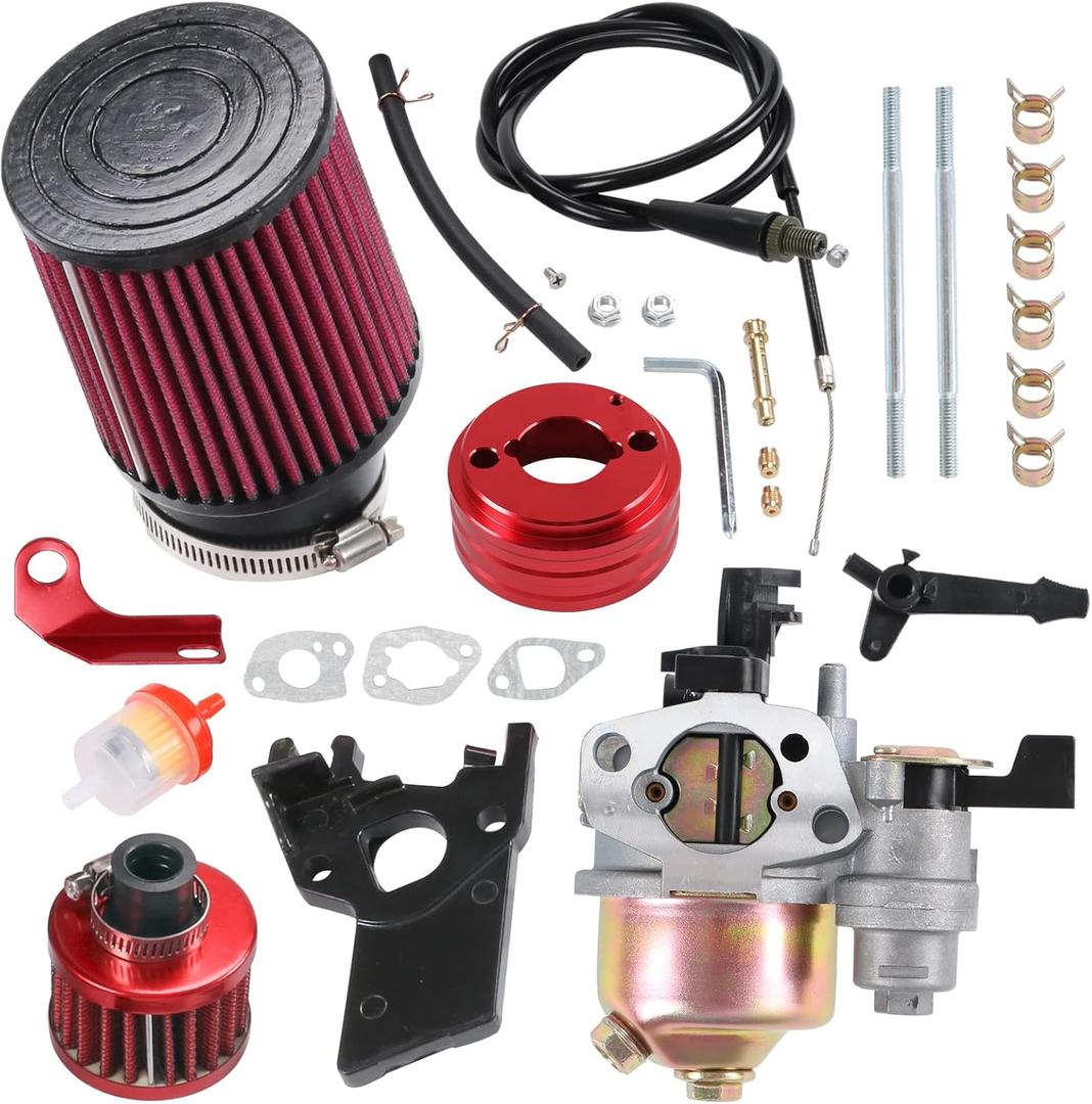 Carburetor Carb Air Filter Adapter Fuel Filter Jet Kit replacement for Predator 212cc 196cc 6.5hp Engine Coleman CT200U BT200X CT200U-EX GX160 Mini Bike Go Kart Racing Red