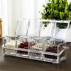 Clear Seasoning Box, 4 Spice Jars, Condiment Containers with Lids, 4 Pcs Spoons, 1 Pcs Tray, Seasoning Organizer for Salt, Sugar, Cardamom, Cinnamon, Cloves, Mustard, Nutmeg, Pepper, and Turmeric