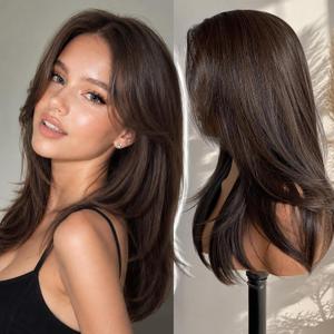 KOME Dark Brown Synthetic Lace Front Wig, 13X4 HD Lace Glueless Long Layered Straight Wigs for Women Daily Use 20IN #FS4/30