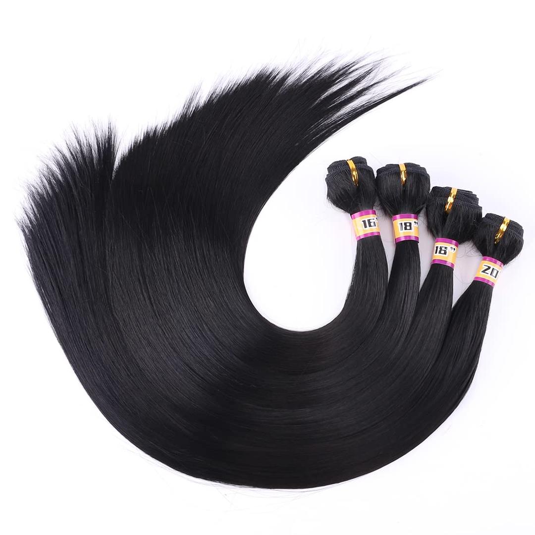 Synthetic Silky Straight Hair Weave 4 Bundles 16 18 18 20 Inches Quick Weave Hair Bundles Natural Black Color 1B Double Weft Fiber Hair Extensions