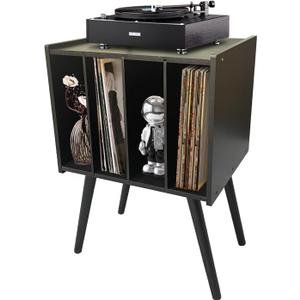 Record Player Stand Bamboo Record Player Table with with 4 Cabinets Holds up to 100 Vinyls, Albums,Mid-Century Vinyl Storage Cabinet Table for Living Room, Bedroom, Office (Black, 24.4'' H)