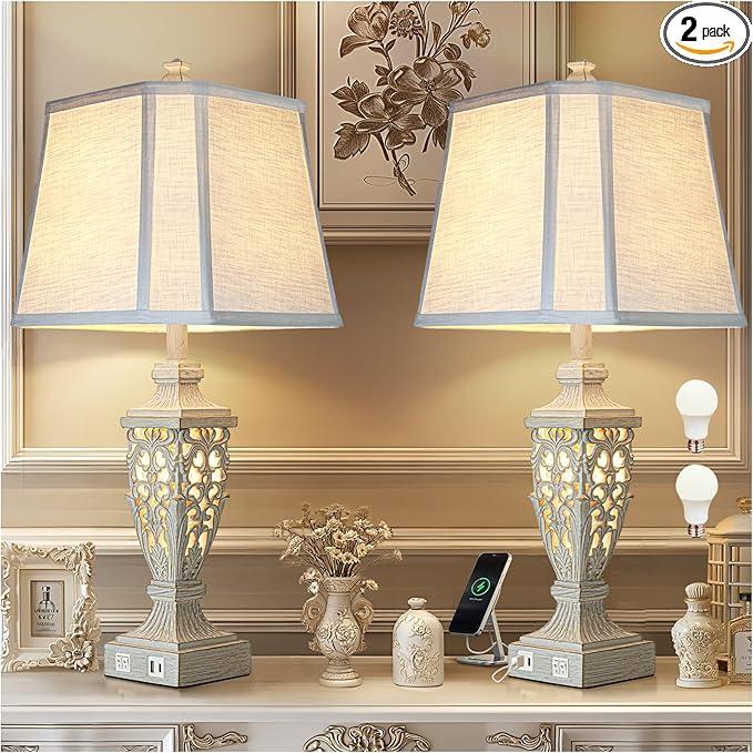 Lamps for Living Room - Table Lamps Set of 2 with Night Light,Bedside Lamp with White Linen Cut Corner Shade - for Bedroom Room and Nightstand with USB A+C Ports- for Office