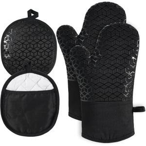  Oven Mitts and Pot Holders,500 Heat Resistant Oven Mitts Sets,Silicone Oven Gloves, Non-Slip Silicone Textured Grip,Black ( On Size )