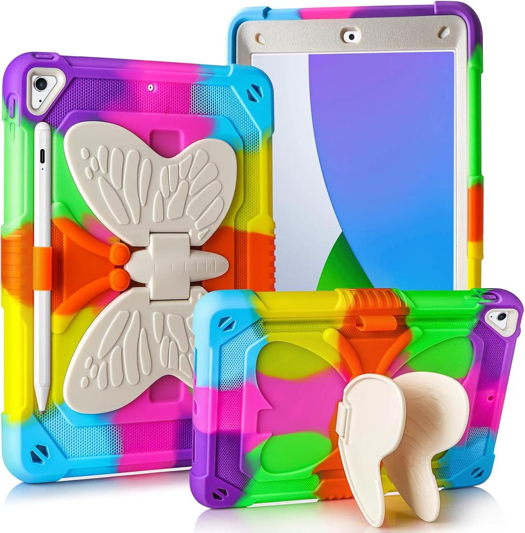 VOFUOE for iPad 9th 8th 7th Generation Case with Kickstand Butterfly Wings Pencil Holder for iPad 10.2 Case Heavy Duty Rugged Protective Cover Kids Girls for iPad 9th/8th/7th (2021/2020/2019)-Orange