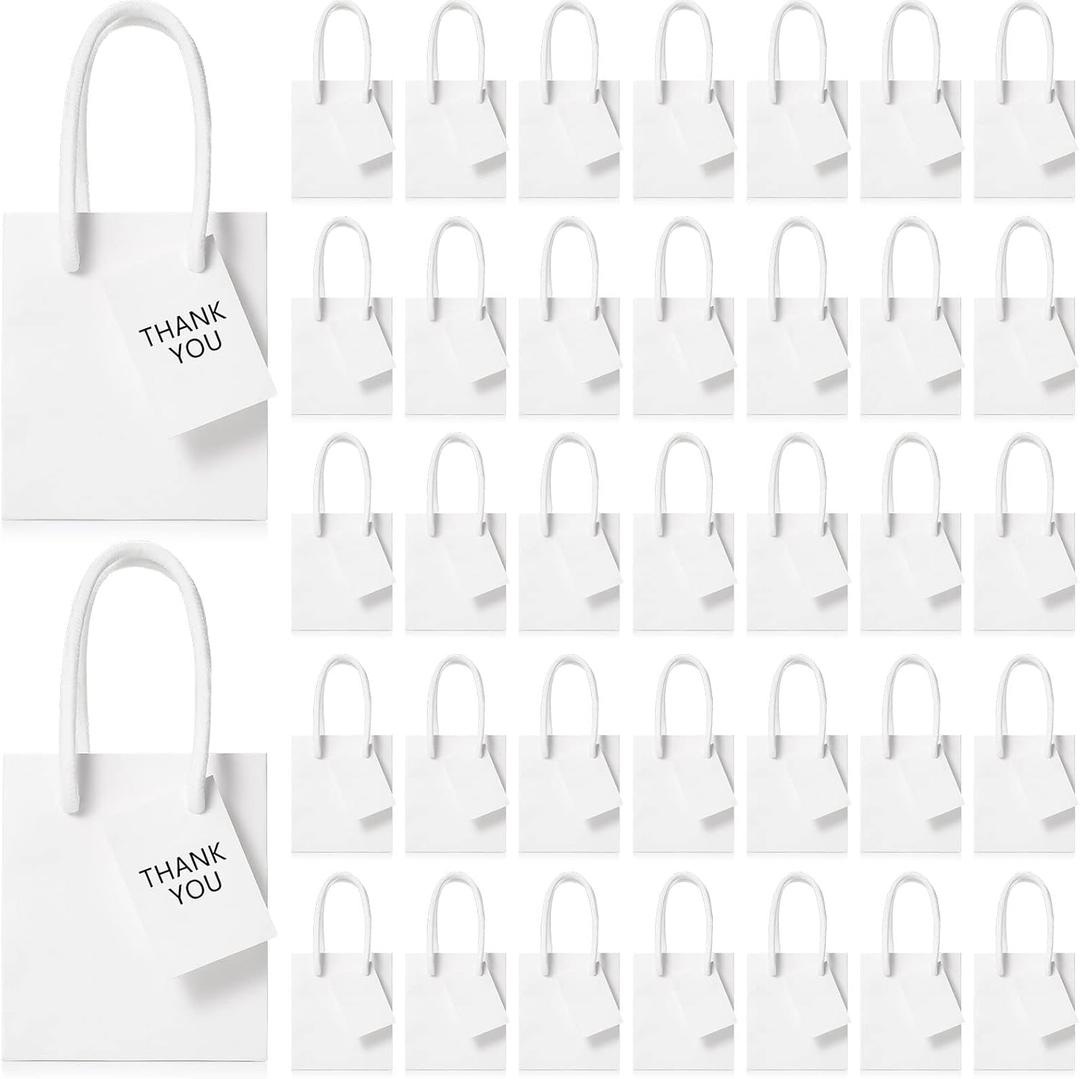 Zhehao 50 Pack Mini Gift Bags Bulk 4x2.75x4.5 Tiny Extra Small Paper Thank You Gift Bags with Handles and Tags for Birthday Party Favors Boutique Small Business Easter(White)