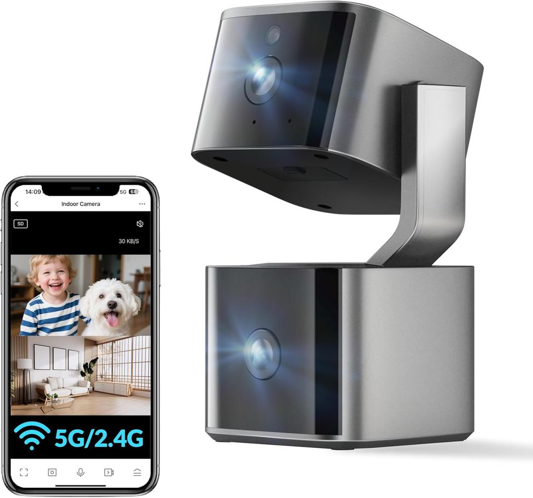 Dual Lens Security Camera Indoor 5G/ 2.4G WiFi, 2.5K Pet Camera with Pan Tilt for Home, Baby Monitor, AI Tracking, Color Night Vision, 2-Way Talk, No Dead Zone, 355° View, Alexa/ Google
