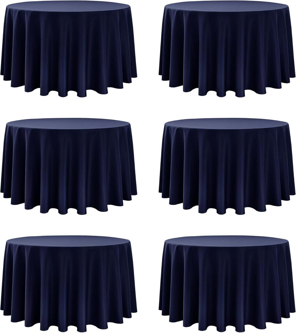 Dailyset 6-Pack Navy Blue Round Tablecloths, 120 Inches, Stain-Resistant Polyester for 56 Ft Round Tables Washable Table Covers for Weddings, Banquets, Birthday Parties, Events